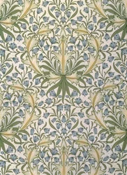 Tapete mit kleinen blauen Blumen in großen grünen Blättern, entworfen von William Morris (1834-96)